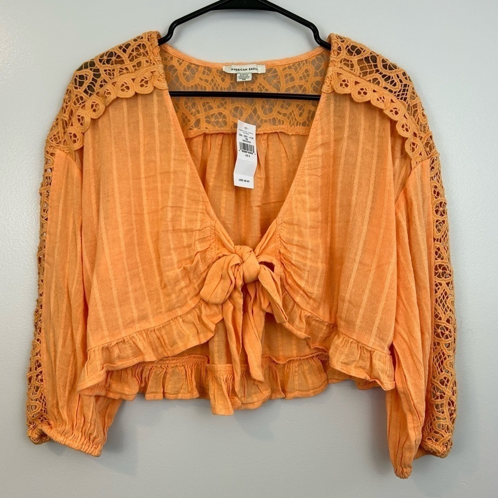 NWT American Eagle Sherbet Orange Crochet Cropped Ruffle Tie Blouse Size Small